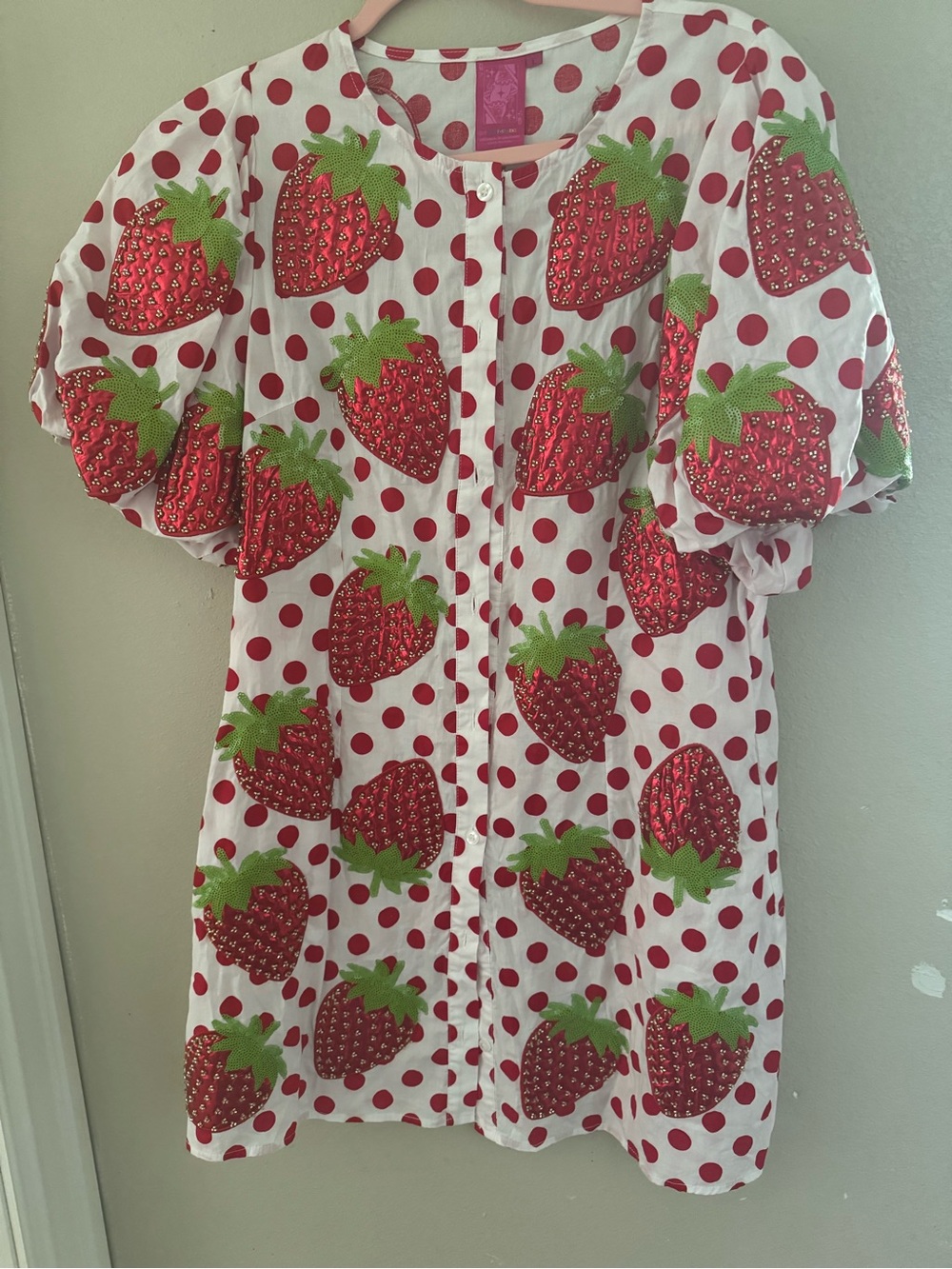 NWOT QUEEN OF SPARKLES Red & White Strawberry Dot Top for Kids